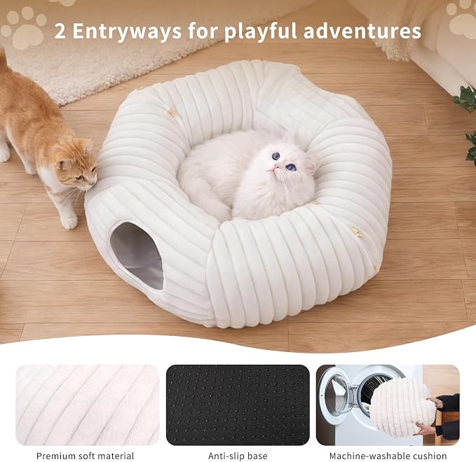 Dogpals Cat Tunnel Bed Cave 33" Lx10 Wx10 H for Indoor Cats (White) | Washable Cozy Cushion, Soft Striped Plush Fabric, Hideaway Peekaboo Cave for Kittens, Puppies, Rabbits & Small Pets