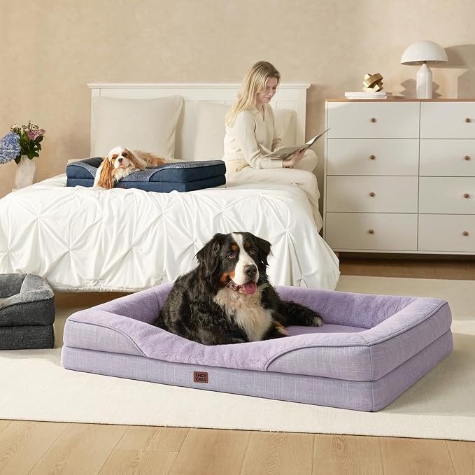 EHEYCIGA Orthopedic XL Dog Bed for Large Sized Dog, 42x30 Inch Extra Large Memory Foam Dog Couch Bed with Sides, Waterproof Liner & Washable Removable Cover, Purple