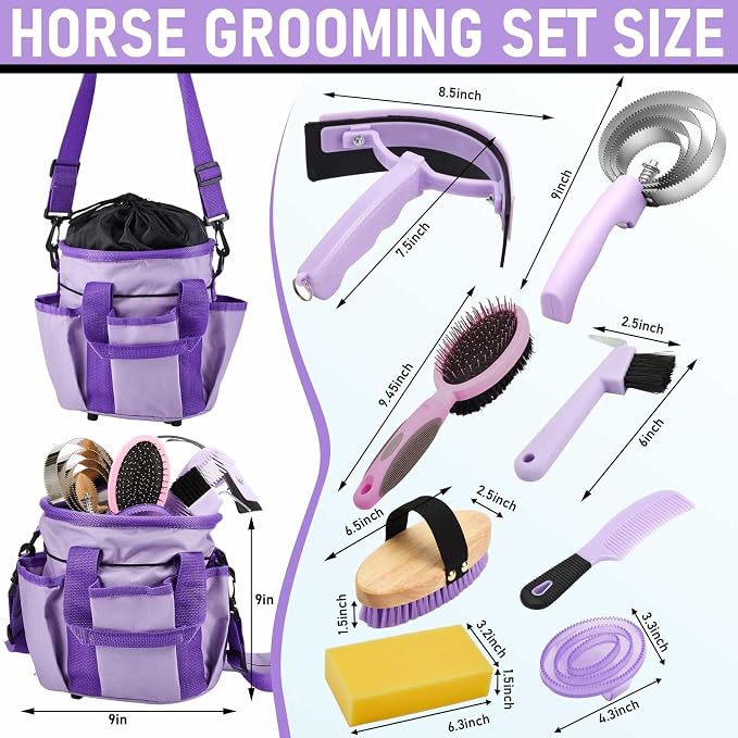 Cunhill 9 Pcs Horse Grooming Kit Tack Room Supplies Set with Tote Bag, Oval Massage Curry, Hard and Soft Brush, Hoof Pick, Sweat Scraper, Bathing Sponge, Comb for Horse Rider(Classic,Purple)