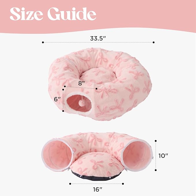 Lesure Donut Cute Jacquard Cat Tunnel Bed Kitten Toys for Puppy Bunny | 33.5x33.5x10in,Round Cat Bed Tube for Indoor Cats Rabbit Dog,Pet Peekaboo Cave Toy,Spiral Hideaway,Washable Cushion,Pink