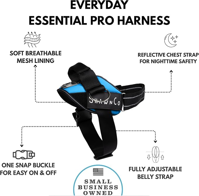 ShawnCo Essential Pro Dog Harness, No-Pull Pet Vest with 3 Leash Clips and Removable, Reflective Side Patches, Adjustable and Padded Harness for Small, Medium and Large Dogs (Oceanic Blue, S)