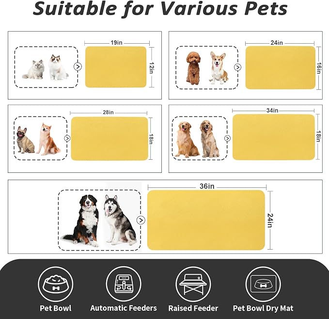 HotLive Dog Food Mat - Absorbent Cat Mat for Food and Water, No Stains Pet Feeding Bowl Mat, Easy to Clean Pet Placemats, Quick Dry Dog Water Dispenser Mat for Messy Drinkers | Yellow 18"x 28"