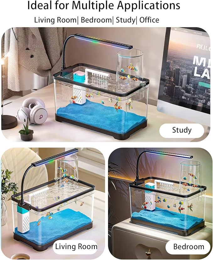 Negative Pressure Aquarium Fish Tank Kit, 3 Gallon Betta Fish Tank Starter Kit with Light and Filter, Blue Sand, Small Tropical Fish, Guppies, Goldfish, or Betta