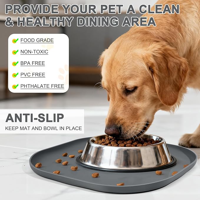 SMILOOL Waterproof Silicone Pet Food Mat with Raised Edge for Dog & Cat | 12" x 12" Non-Slip Small Pet Feeding Mats with Lip for Food & Water Bowl, Food Grade, Easy Cleaning, Dark Gray
