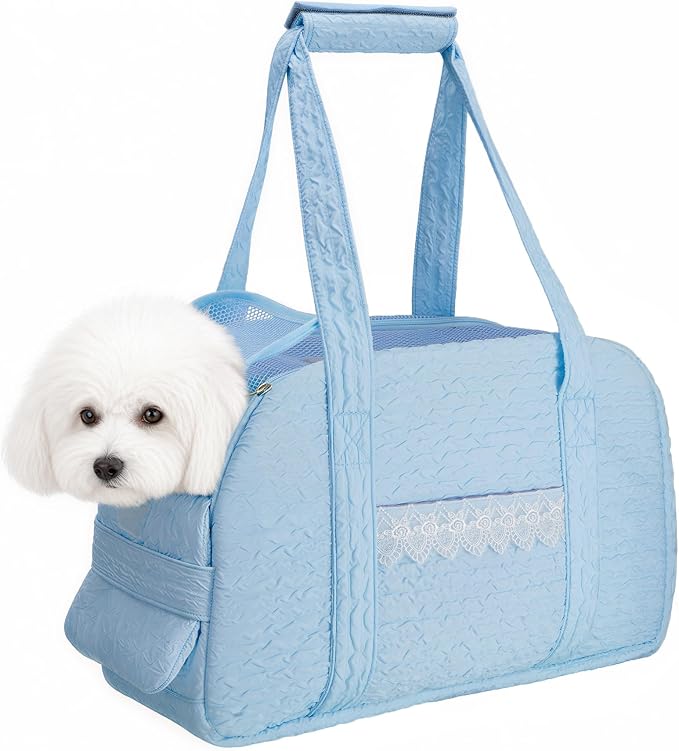 Dog Carrier Tote Bag, Foldable Soft Sided Breathable Mesh Lightweight Travel Handbag with Padded Handles, Lace Decor Portable Pet Purse for Small Puppy Kitten Cat Up to 15 Lbs (Blue)