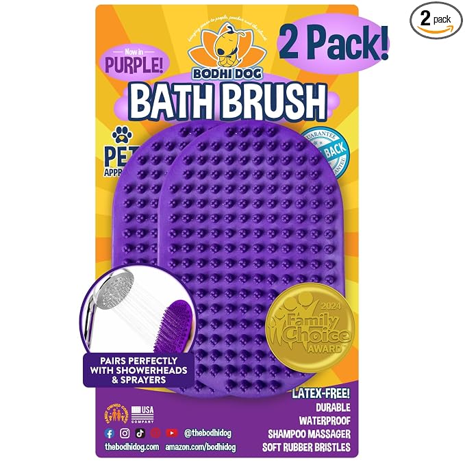 Bodhi Dog Shampoo Brush - Pet Grooming & Bath Supplies for Dogs and Cats - Bath Brush for Long & Short Hair - Premium Scrubber for Shower, Showerhead, Sprayer & Bathing (2-Pack, Purple)