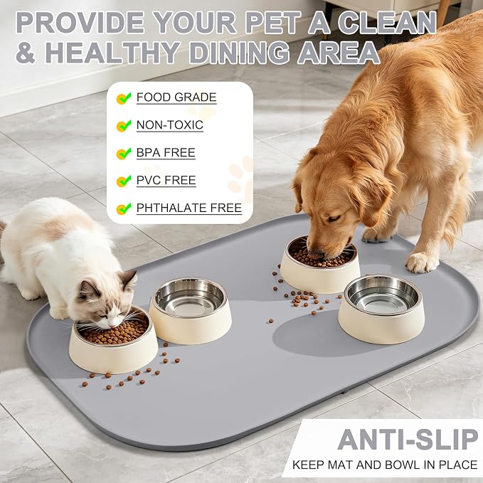 SMILOOL Waterproof Silicone Pet Food Mat with Raised Edge for Dog & Cat | 36" x 24" Non-Slip Large Pet Feeding Mats with Lip for Food & Water Bowl, Food Grade, Easy Cleaning, Light Gray