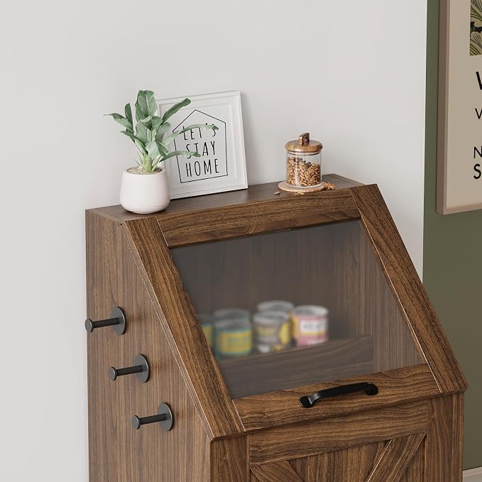Dog Feeding Station with Storage Cabinet and 2 Elevated Dog Bowls, Hidden Pet Food Storage Organizer for Dog &Cat, Modern Dogs Furniture, Walnut