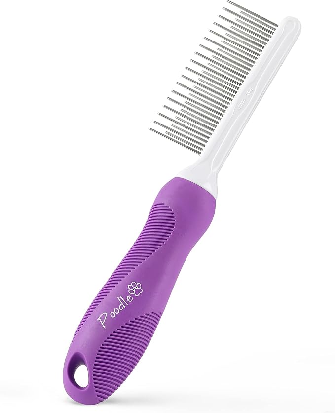 Poodle Pet Bundle - Detangling Pet Comb for Removing Matted Fur, Knots, and Tangles + Dematting Fur Rake Comb Brush for Dogs and Cats + Slicker Brush for Grooming and Deshedding Pet Undercoat Hair