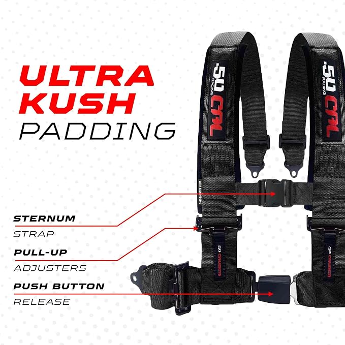 1pc 50 Cal Black 4 Point Harness 2in Straps, Racing Harness Seat Belt | Ultra Kush padding, Push Button quick release hardware. Universal Fit for UTV, RZR, race car.