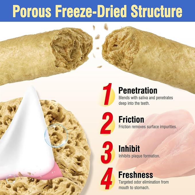 150g Freezed Dried Cat Chew Stick Chicken Flavor, Cat Dental Treats for Freshens Breath and Reduce Tartar, Feline Teething Sticks Cats Treats Snack