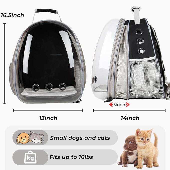 Cat Carrier Backpack, Expandable Bubble Pet Carrier for Cats and Small Dogs, Airline Approved Travel Backpack for Hiking, Walking & Outdoor Adventures - Supports up to 16 lbs