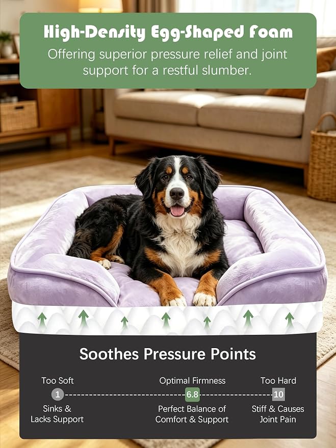 Spotted Play Orthopedic Dog Bed with Sides - Sofa Beds for Extra Large Dogs, Supportive Foam Pet Couch Bed with Washable Removable Cover, Waterproof Lining and Non-Slip Bottom, Purple - XL-Plus