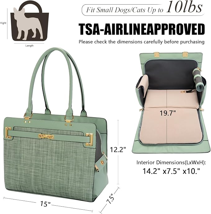 2-in-1 Stylish Dog Purse Carrier Soft-Sided Carriers Travel Tote Bag for Small Dogs Cats, Fashion Foldable Pet Bag for Puppies Small Animals with Pockets (Green, 15" L x 7.5" W x 12.2" H)