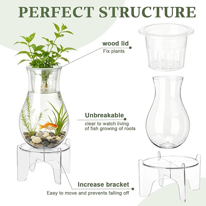 Thenshop 1 Gallon Plastic Aquaponic Planter and Aquarium Betta Bowl Fish Aquariums Small Fish Tank with Base and Top Promotes Healthy Hydroponic Environment for Plants (Spherical)