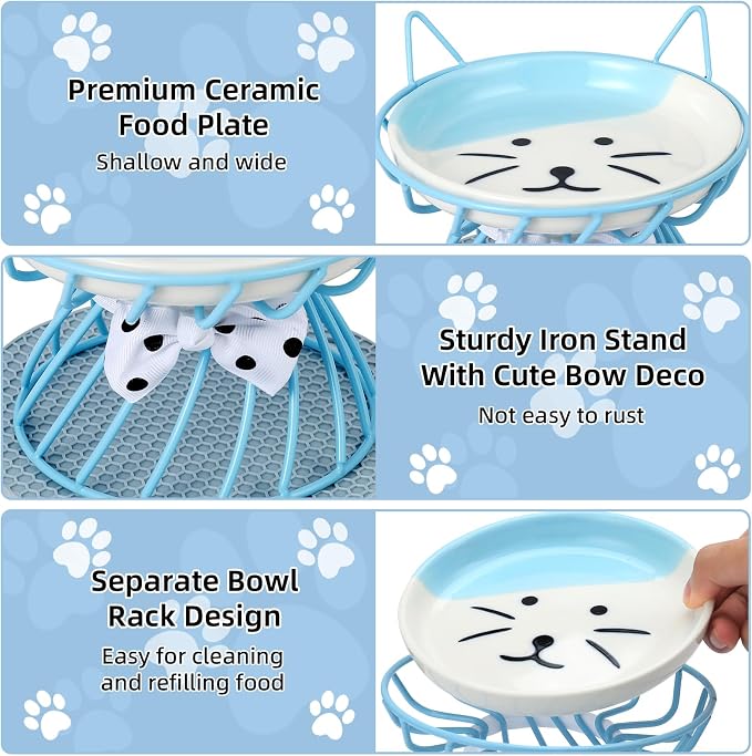Set of 4 Elevated Ceramic Cat Bowls, Assorted Colors | 4-Piece Bowl Set Detachable Bowls Easy to Clean Non-Slip Pads Premium Ceramic