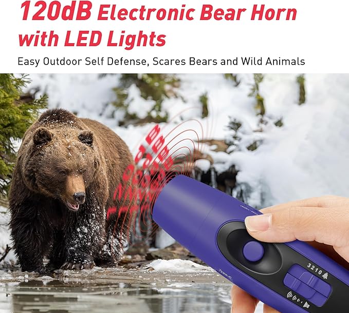 StarWorld Rechargeable Bear Horn - 120dB Electronic Air Horn for Bears with 4 Volume Levels & 3 Tones, Audible 0.5 Miles, LED Safety Light for Hiking, Camping, Wildlife Defense (Blue)