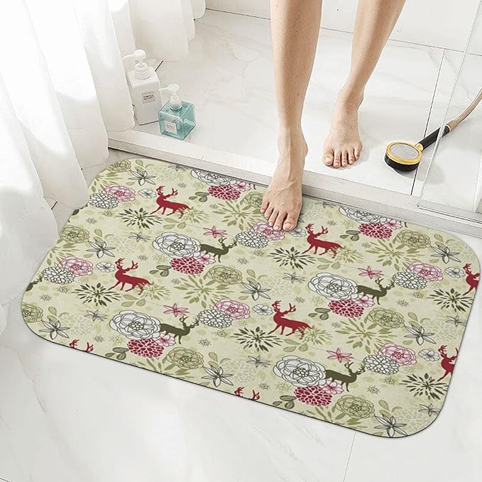 Diatomaceous Floor Mat, Winter Washable Floor Mat, Deer with Blossoming Flowers Abstract Christmas, 31.4" W x 19.6" L, Eco-Friendly Easy to Clean,Pale Green Olive Green Ruby