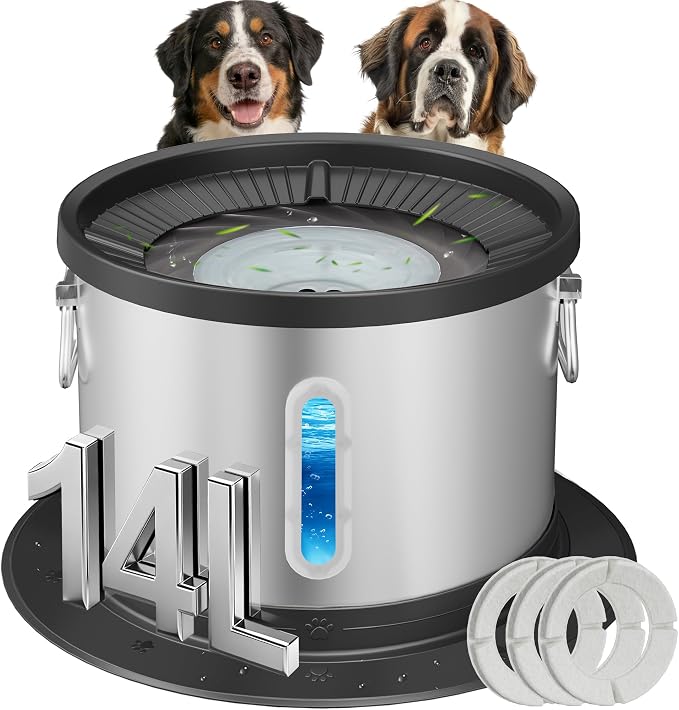 UPSKY 14L No Spill Dog Water Bowl, Spill Proof Slow Drinking for Large Dogs | Extra-large Capacity, 304 Stainless Steel, Dual-suction Anti-slip Base, Floating Disk, Water Window, For Messy Drinkers