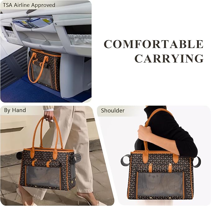 Minsong Fashion Pet Carrier Purse for Small Cat and Dog, Luxury Pu Soft-Sided Tote Bag with Large Pockets for Dogs and Puppies (Coffee, 15.8" L x 7.5" W x 11.8" H)