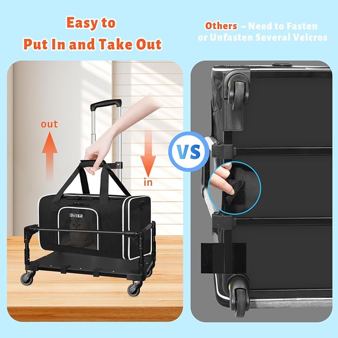 Small Pet Carrier 18"x11"x11" with Wheels Airline Approved, Black | for Delta/American/United Airlines, Lockable Safety Zippers and Anti-Scratch Mesh, Pets Under 10 lbs