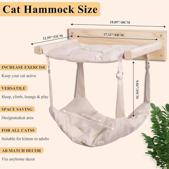 JSPYFITS Wooden Cat Furniture Wall Mounted, Double Layer Hammock, Large Size 18.9″ Removable Multi-Function Cat Bed for Sleep/Play/Climb, Kitten Window Perch, Easy DIY Installation(Beige)