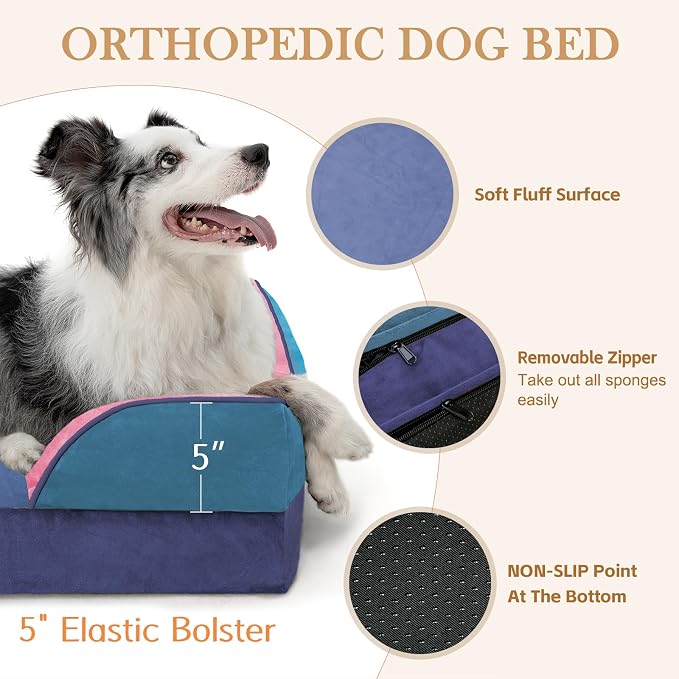 Comfort Expression Orthopedic Dog Beds for Large Sized Dog with Bolster | Waterproof Dog Couch Bed with Washable Cover & Non-Slip Bottom, Supportive Egg Crate Foam Large Pet Bed, 36x27 Inch