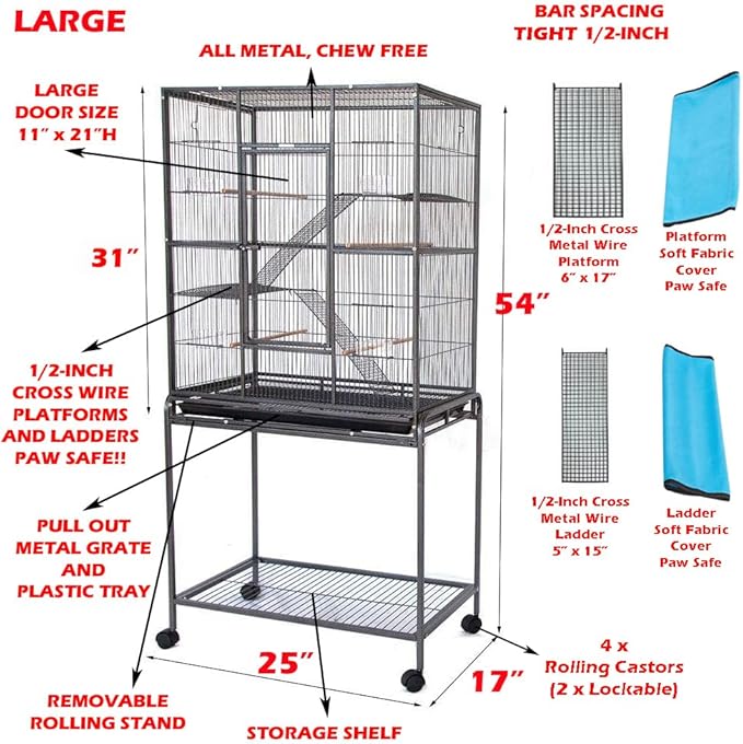 54" Large Wrought Iron Chewproof 4-Levels Tight 1/2-inch Bar Spacing Ferret Chinchilla Sugar Glider Rats Mice Home Cage with Detachable Rolling Stand