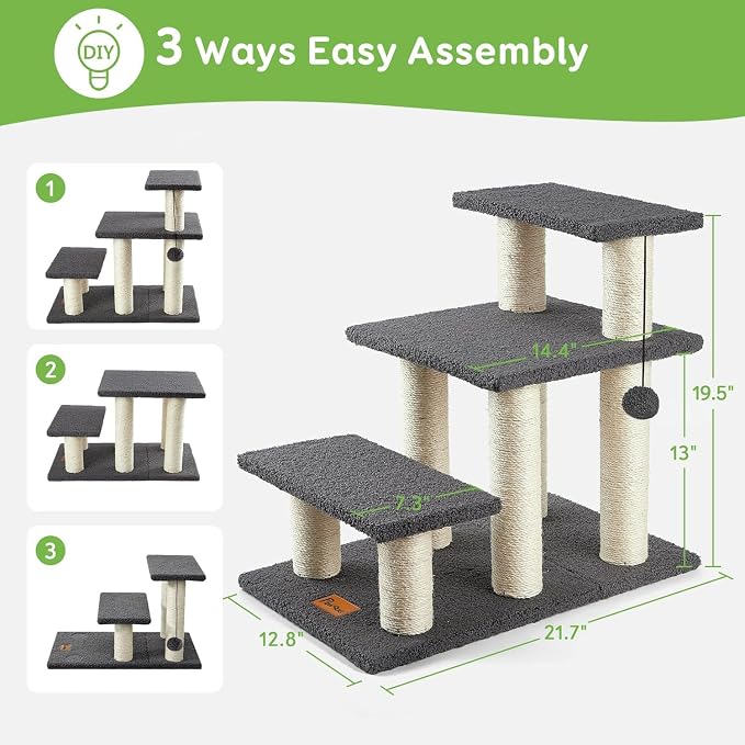 Dog Stairs & Cat Scratching Post Pet Steps for High Beds Couch | High-Strength Boards Holds up to 150 lbs for Indoor Small Cats Kittens Dogs Climbing Playing, 3 Combination Options, 3 Steps