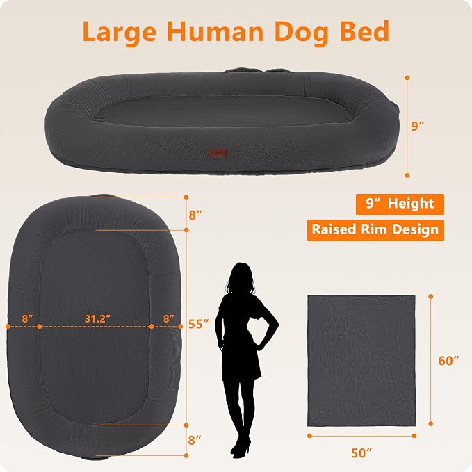 Human Dog Bed for Adult, Orthopedic Gel Memory Foam, 71"x47"x9" | Human Dog Bed Fits Adult & Pets, Reversible Egg-Crate Foam Cushion, Washable Pet Bed with Blanket, Black Grey