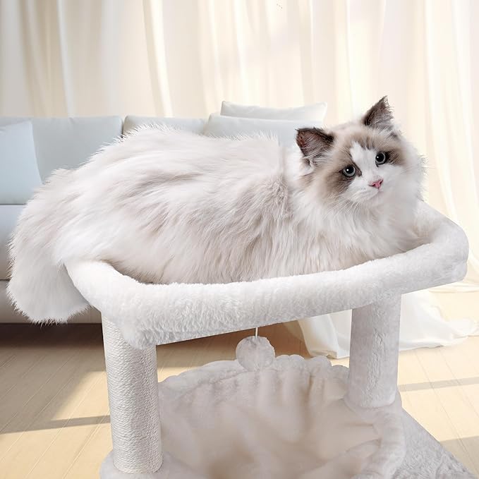 AIWIKIDE 37.4" Cat Tree Tower with Twin Cat Condos for Indoor Cats, All-in-One Activity Center with Cat Scratching Post Cozy Sleeping Perch Hammock and Toy Balls,Beige