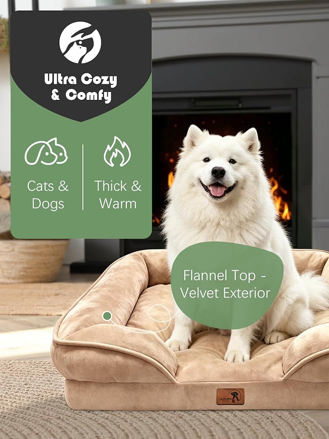 Spotted Play Orthopedic Dog Bed with Sides - Sofa Beds for Large Dogs, Supportive Foam Pet Couch Bed with Washable Removable Cover, Waterproof Lining and Non-Slip Bottom, Brown - L-Plus