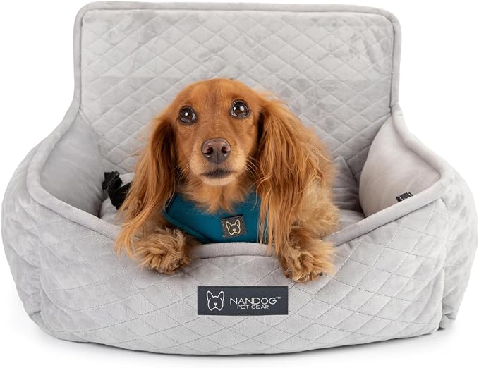 NANDOG Luxury Dog Car Seat Bed for Small Dogs, Soft Micro Plush Pet Seat with Removable & Washable Cushion Insert, Thick Safety Seatbelt Straps, Secure Travel Carrier, Light Grey, 20" L x 16" W
