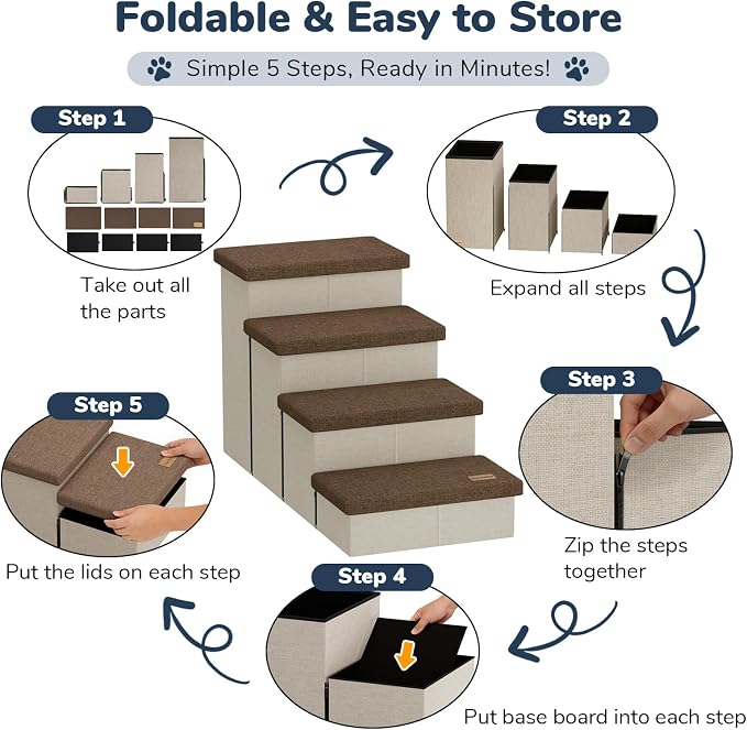 4-Step Wide Dog Stairs with Hidden Storage 23" H, Non-Slip Dog Steps for High Bed Couch Car, Jiont-Friendly Pet Stairs Ramp for Small/Medium/Large Old Dogs Cats Up to 220lbs, Beige&Coffee Lid