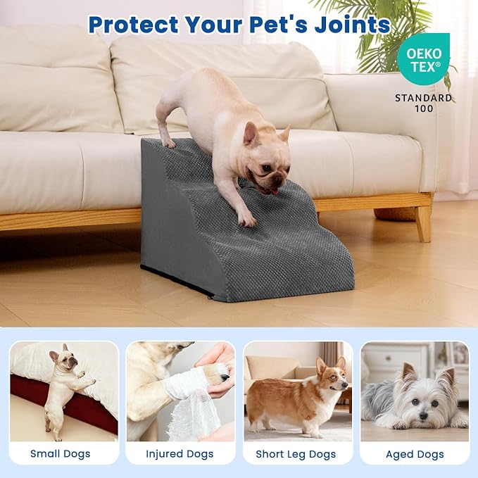 Dog Stairs for Small Dogs & Cats,3 Steps Non-Slip Pet Ramp for Couch,15.7"H | Airpanda Pet Stairs with Washable Cover & High-Density Foam,Gentle Curved Design,Ideal for Senior & Short-Legged Dogs,Grey