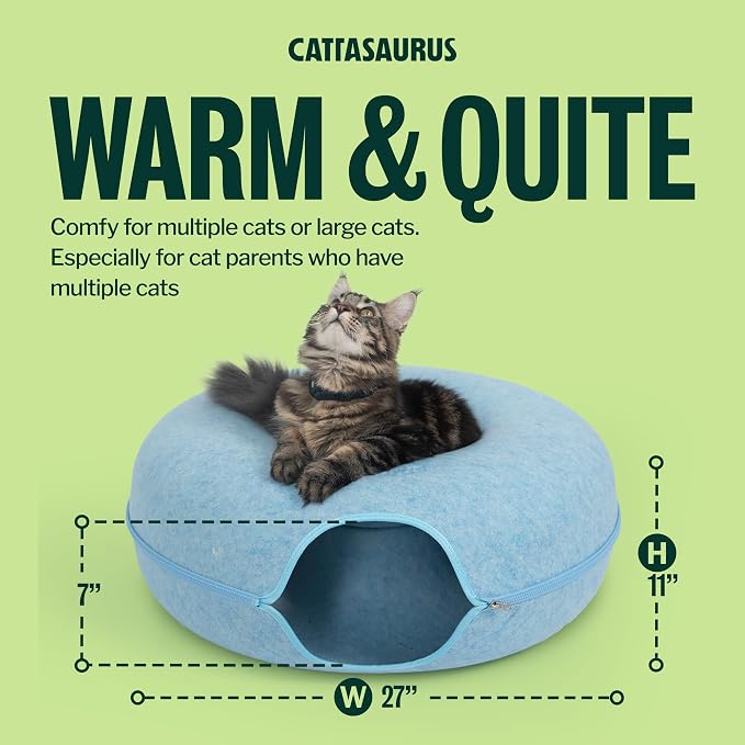 Peekaboo Cat Cave Donut for Multiple & Large Cats up to 30-45 lbs, 3-in-1 Self Warming Cat Bed, Tunnel & Scratcher for Indoor Cats, Washable & Detachable Small Dog Bed (Blue, Jumbo)