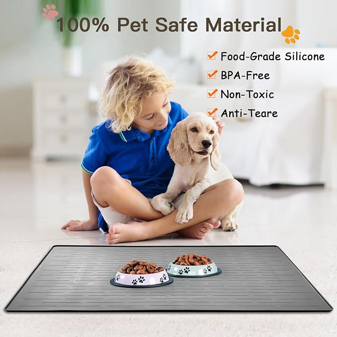 Largest Dog Food Mat, 39.5"x29.5" Silicone Dog and Cat Mat for Food and Water Bowls, Thinken Waterproof Non-Slip XXXL Pet Feeding Mat for Floors, Black