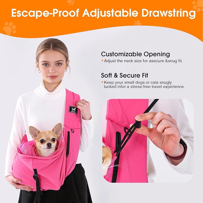 Dog Sling Carrier for Small Dogs & Cats 5-20 lbs, Adjustable Depth | Breathable Air Mesh Puppy Sling, Water-Resistant Travel Bag, Double Safety Leash, Machine Washable, Hands-Free Pouch, Fuchsia