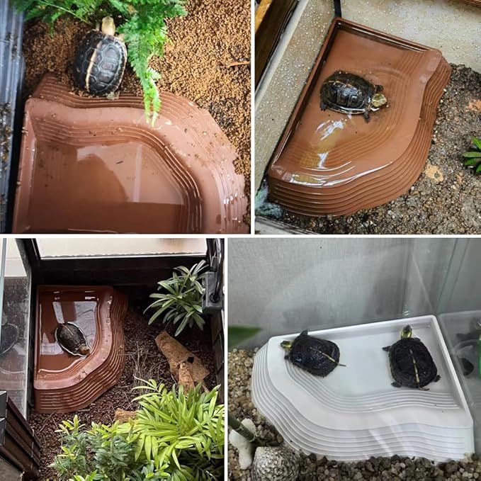 3 Pcs Tortoise Water Dish with Ramp Leaf Tortoise Water Food Bowls Reptile Water Dish Amphibians Habitat Accessories for Lizard Turtle Horned Frog White