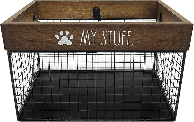 Rae Dunn Pet Toy Basket - Metal & Wood Dog & Cat Toy Storage Bin - Organizer for Leash, Blanket, Treats, Food & Accessories - Container Baskets, 9.75" x 8" x 6"