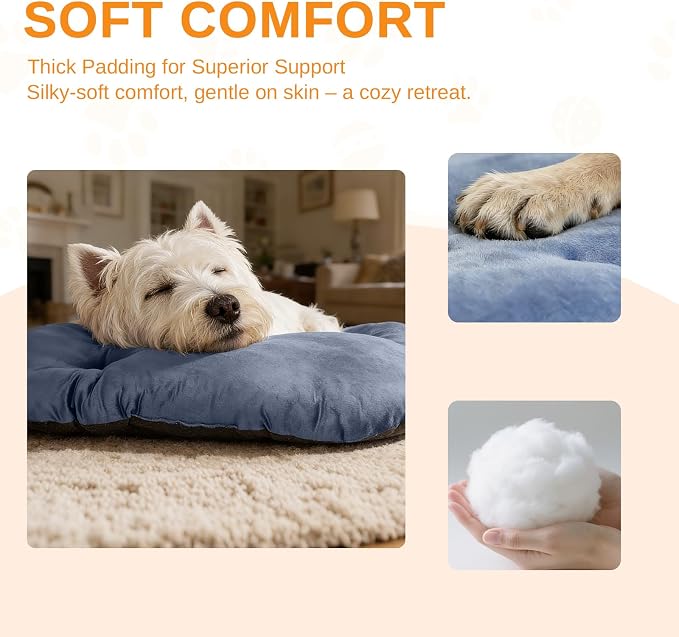 Washable Oval Large Dog Bed, Silver-Tipped High-Resilience, Dusty Blue | Non-Slip Bottom Prevents Sliding, Soft Plush Short Fur, Machine Washable, Ideal for Crates/Apartments/Cozy Nooks,35"x22"x3.2"
