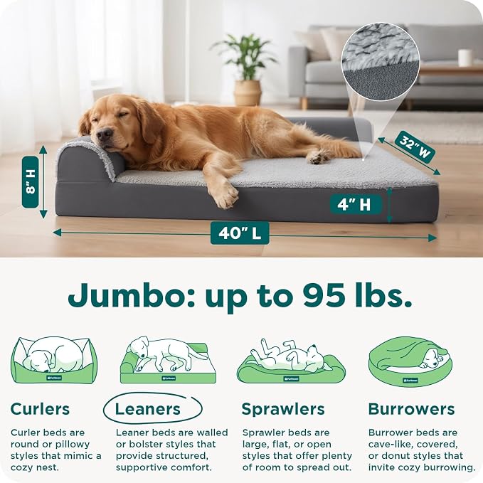 Furhaven Orthopedic Dog Bed for Large Dogs w/ Removable Bolsters & Washable Cover, For Dogs Up to 95 lbs - Two-Tone Plush Faux Fur & Suede L Shaped Chaise - Stone Gray, Jumbo/XL