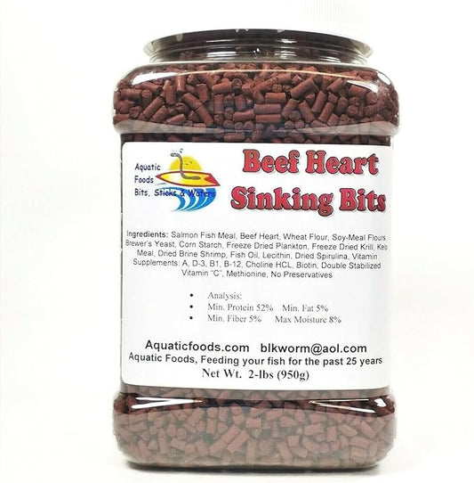 Aquatic Foods Inc. Beef Heart Sinking Bits, APX 1/8" x 5/16" Beef Heart Bits Perfect for Small Discus, Small & Medium Cichlids, All Tropical Fish - 2-lbs Large Jar