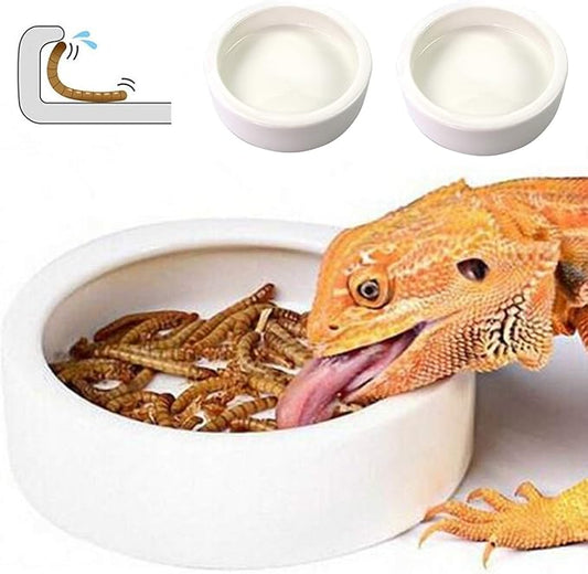 HELIME Reptile Food Dish Bowl, 2 Pack Worm Water Dish Small (2.75in) Lizard Gecko Ceramic Mealworms Bowls for Leopard Bearded Dragon Chameleon Hermit Crab Dubia Cricket Anti-Escape Superworm Feeder