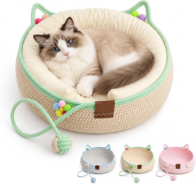 Handwoven Cotton Rope Cat Basket Bed with Hanging Ball Toy (Green, Large) | cat bed, woven cat basket, kitten bed, small dog bed, cat toy ball, all season pet bed, washable cat cushion
