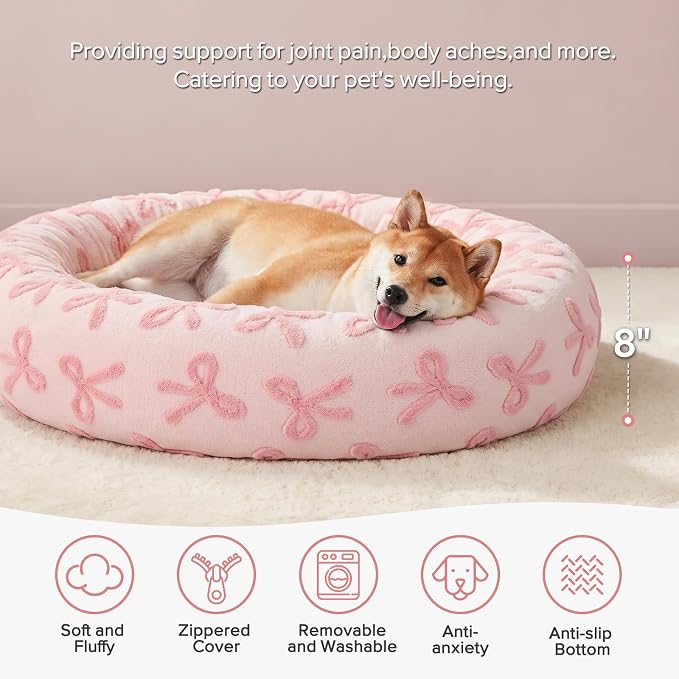 JOEJOY Jacquard Donut Round Small Dog Beds,Pink 23x23x8in, Removable Washable Cover, Cute Pattern, Ultra Soft Fluffy Calming Pet Bed with Thick Supportive Bolster