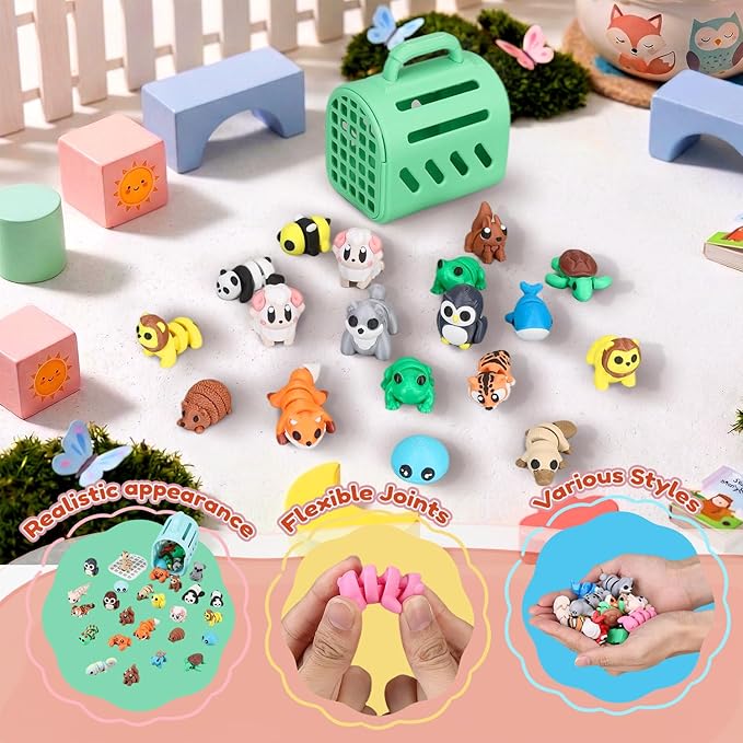 20 PCS 3D Printed Animals, Mini 3D Printed Animal Figurines with Cage, Flexible Articulated Fidget Toys for Desk Decor, Party Favors, Goodie Bag Stuffers, Classroom Rewards