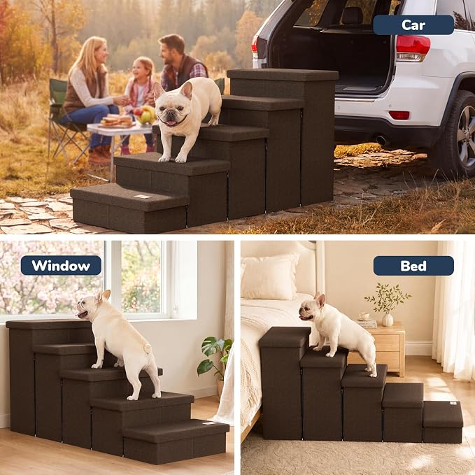 5-Step Wide Dog Stairs with Storage 23" H, Non-Slip Sturdy Pet Steps for High Bed Couch Window, Pet Stairs for Small/Medium/Large Old Dogs Cats Up to 260lbs, Cat Dog Steps for Car/SUV, Coffee