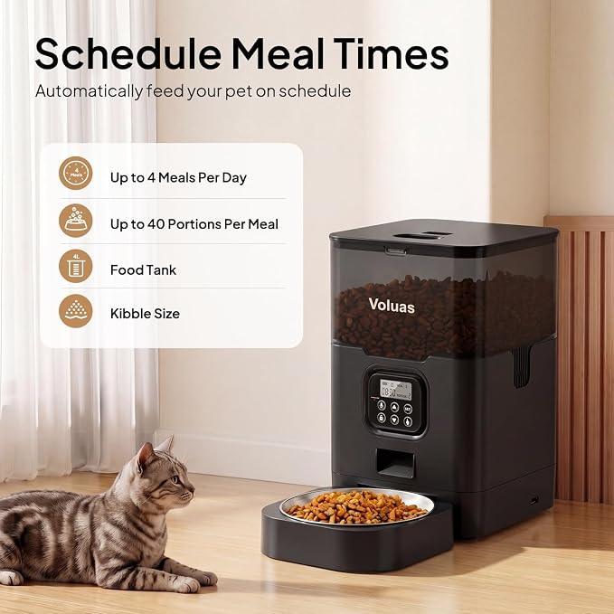 VOLUAS Automatic Cat Feeder, 4L Timed Dry Food Dispenser for Cats & Dogs | Programmable Portion Control, Up to 4 Meals Daily, Dual Power Supply, Power-Off Memory, 10-Second Voice Recorder