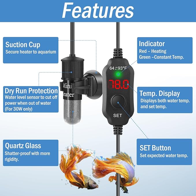 Super Mini Aquarium Heater 30W Betta Heater for 4-6 Gallon Tanks, Small Fish Tank Heater Turtle Heater with Dry-Run/Overheat Protection, Memory Function